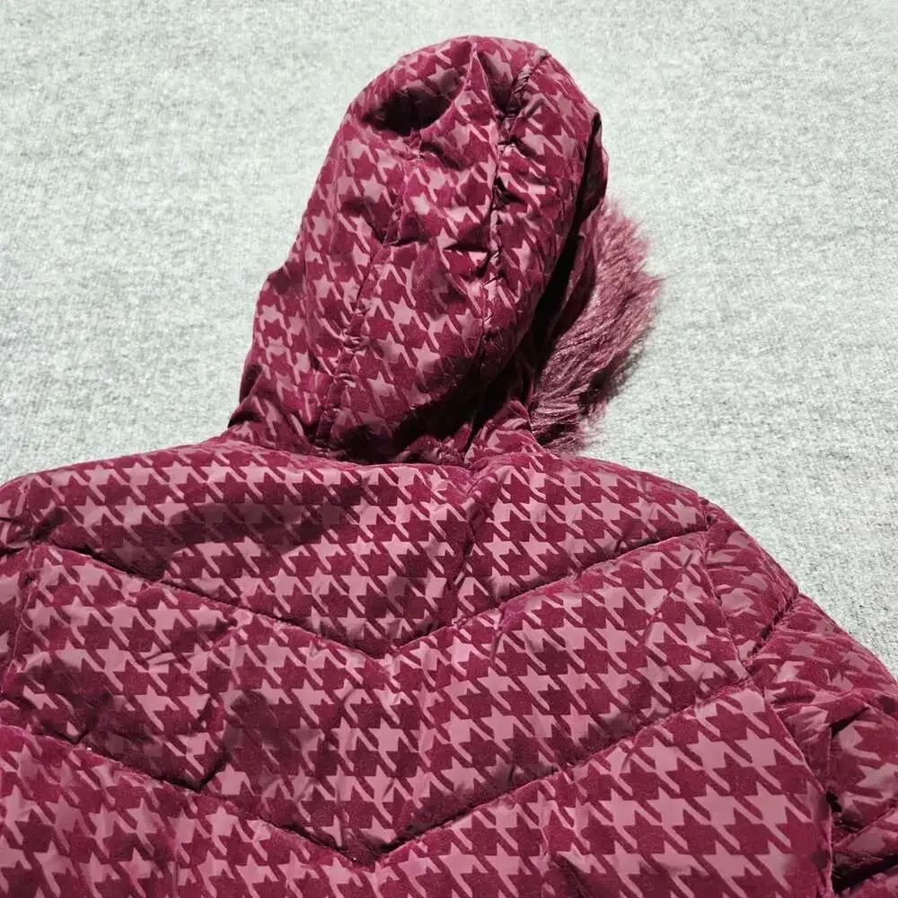 Juicy Couture Puffer Jacket Size 7/8 Burgundy Houndstooth Faux Fur Hood